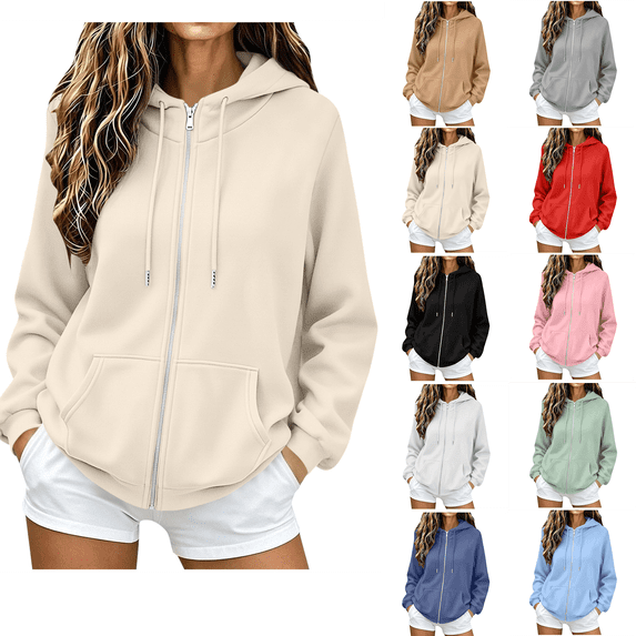 Hatant Hoodie Nelozsy Women's Long Sleeved Solid Color Hooded Zipper Pocket Top Jacket Outwear Beige XXL