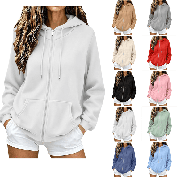 Hatant Hoodie Nelozsy Women's Long Sleeved Solid Color Hooded Zipper Pocket Top Jacket Outwear White S