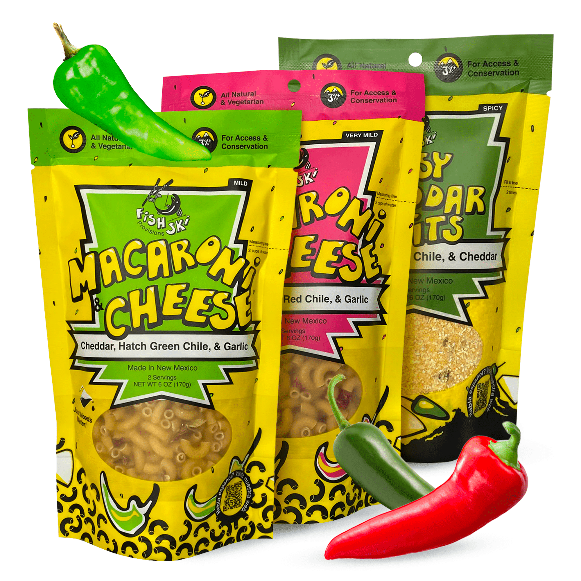 Just add water Hatch Chile Grits, Mac and Cheese by FishSki Provisions - Multi Recipe Pack (12 x 6oz Packs 72 ounces Total)
