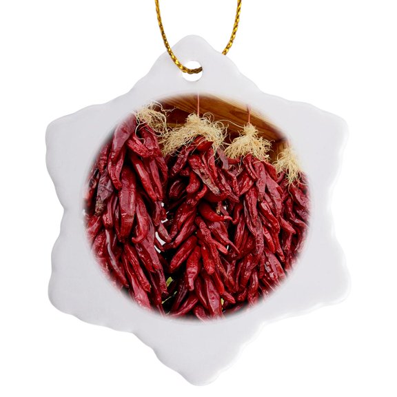3drose, Hatch, New Mexico, Usa. Red Chiles Hang Out to Dry., 3 inch Snowflake Porcelain Ornament