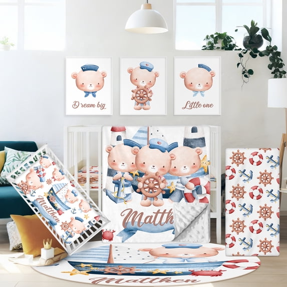 Hatchaa Custom Baby Crib Set, 5 Pcs Personalized Name Baby Bedding Sets for Boys & Girls, Sailor Bears Baby Crib Bedding Set, Double Layer Nursery Bedding Sets Customized Gift for Toddlers