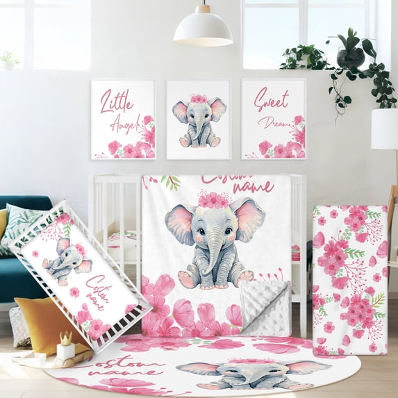 Hatchaa Personalized Baby Bedding Set, 5 Pcs Custom Baby Crib Set with Name, Baby Girls Pink Elephant Crib Bedding Set, Double Layer Flannel Nursery Bed Set Customized Gifts for Toddlers Kids