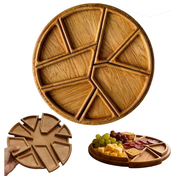 Before Hatched Serving Tray with 8 Removable Compartments Wooden Snack & Appetizer for Fruits, Nuts, Candy & Charcuterie, Round Sectional Board for Parties & Home Decor (25cm)