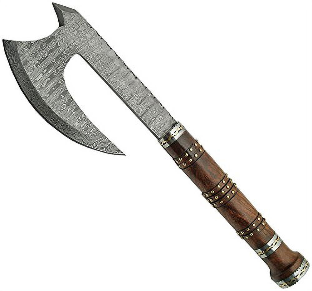 SANZ 16.5" Fancy Hatchet with Damascus Blade, Brass Studded Wood Handle, Steel & Brass Spacers, Sheath