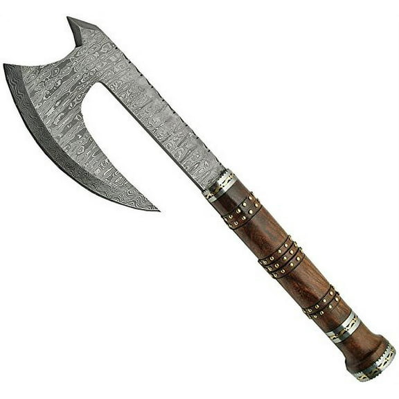SANZ 16.5" Fancy Hatchet with Damascus Blade, Brass Studded Wood Handle, Steel & Brass Spacers, Sheath