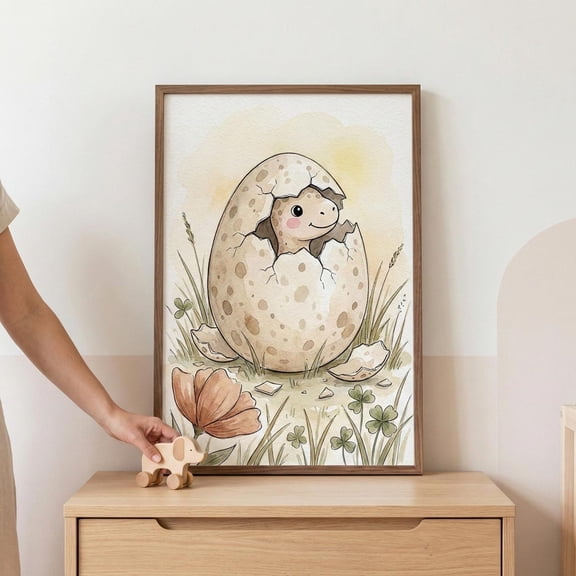 Hatching Baby Dinosaur Nursery Decor Wall Art Prehistoric Animal Print Whimsical Unframed Paper Print