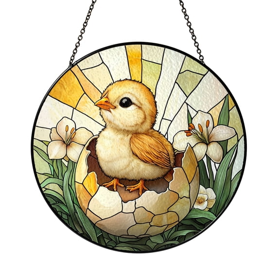 Hatching Chick Stained Glass Style Suncatcher, Farm Animal Decorative Window Hanging Art for Spring Home Decor
