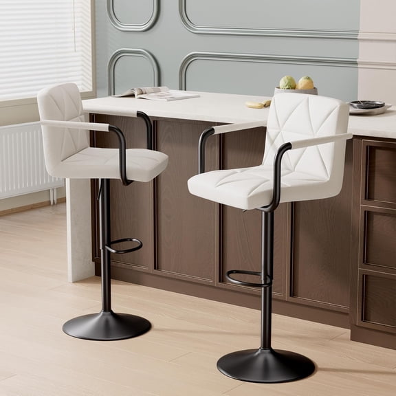 Hatchsun Modern Adjustable Bar Stools Set of 2, Faux Leather Swivel Counter Height Barstools with Back Support, Arms, Footrest, Height Adjustable 23.5-32.5", 300 lbs Capacity (White)