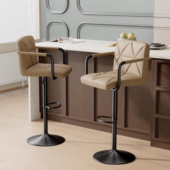 Hatchsun Modern Adjustable Bar Stools Set of 2, Faux Leather Swivel Counter Height Barstools with Back Support, Arms, Footrest, Height Adjustable 23.5-32.5", 300 lbs Capacity (Khaki)