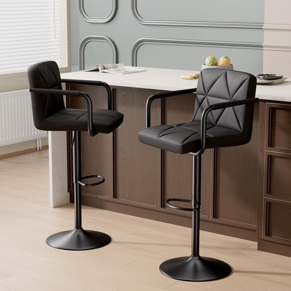 Hatchsun Modern Adjustable Bar Stools Set of 2, Faux Leather Swivel Counter Height Barstools with Back Support, Arms, Footrest, Height Adjustable 23.5-32.5", 300 lbs Capacity (Black)