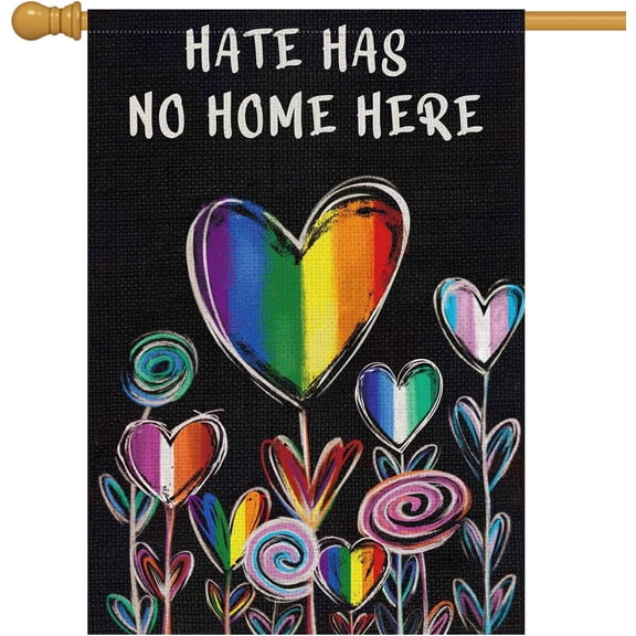 Hate Has No Home Here Pride House Flag 28x40 Double Sided Burlap, Large Rainbow Love Heart Gay Lesbian LGBT Pansexual Garden Yard Flags Sign Banner for Pride Month Porch Outdoor Decor