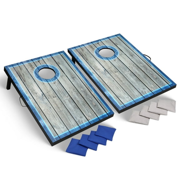 Hathaway LED Cornhole Set with Rustic Target Boards and 8 Bean Toss Bags, Lighted Target Areas, Carry Handles for Portability – Blue/White