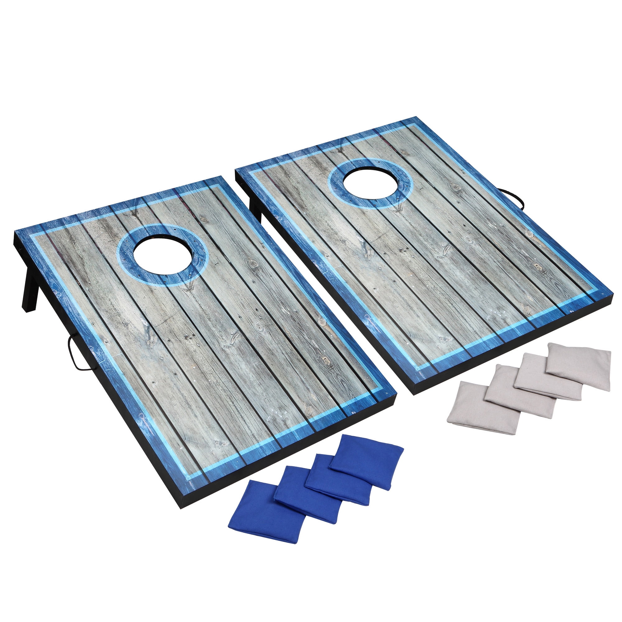 Distressed Wood LED Cornhole Set with Blue and White Bean Bags