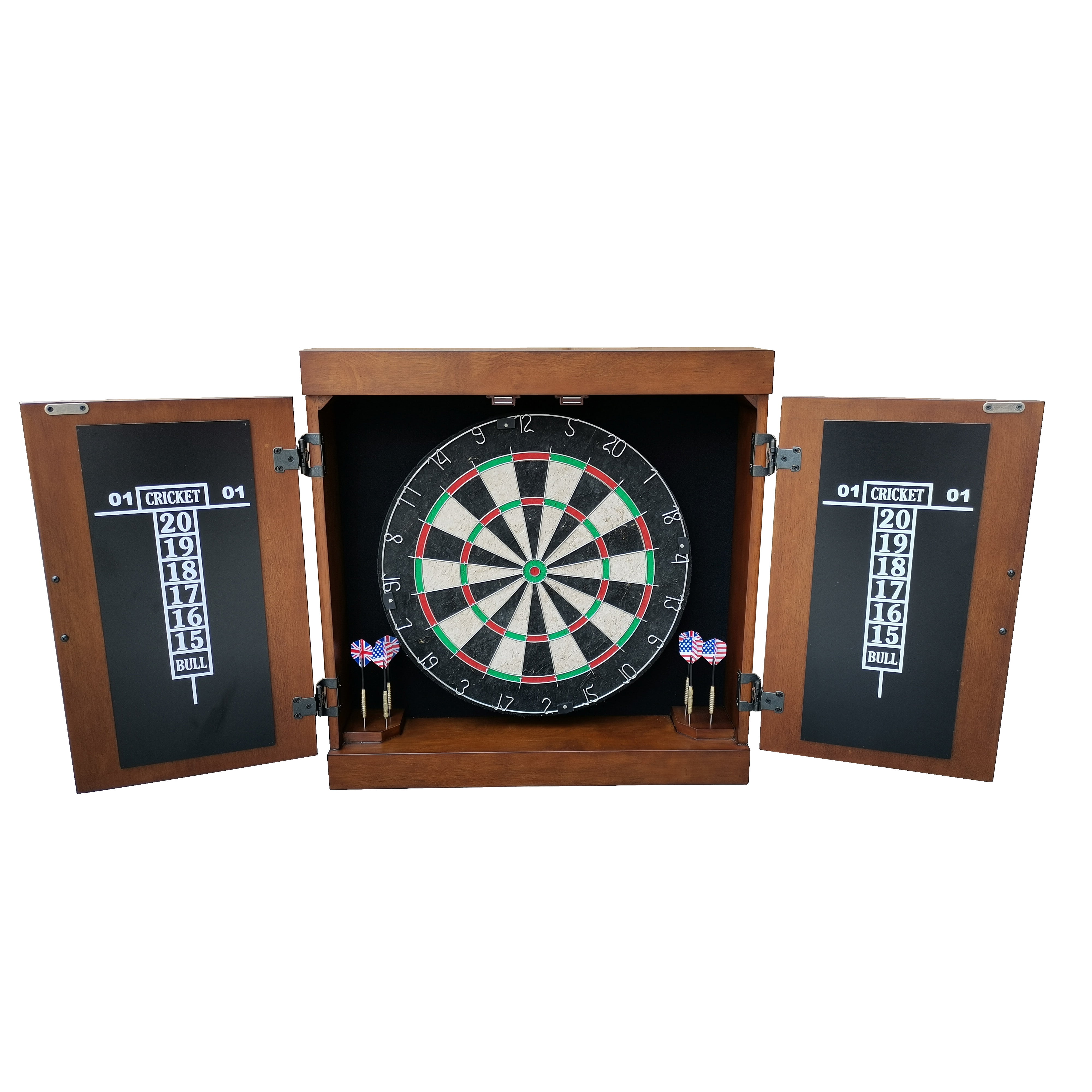 Walnut Bristle Dartboard Cabinet Set with Lighting