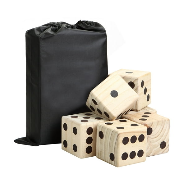 Hathaway High Roller Yard Dice Set with 6 x 3.5-in Wooden Dice and Black Nylon Storage Bag, Reusable Scorecard Included