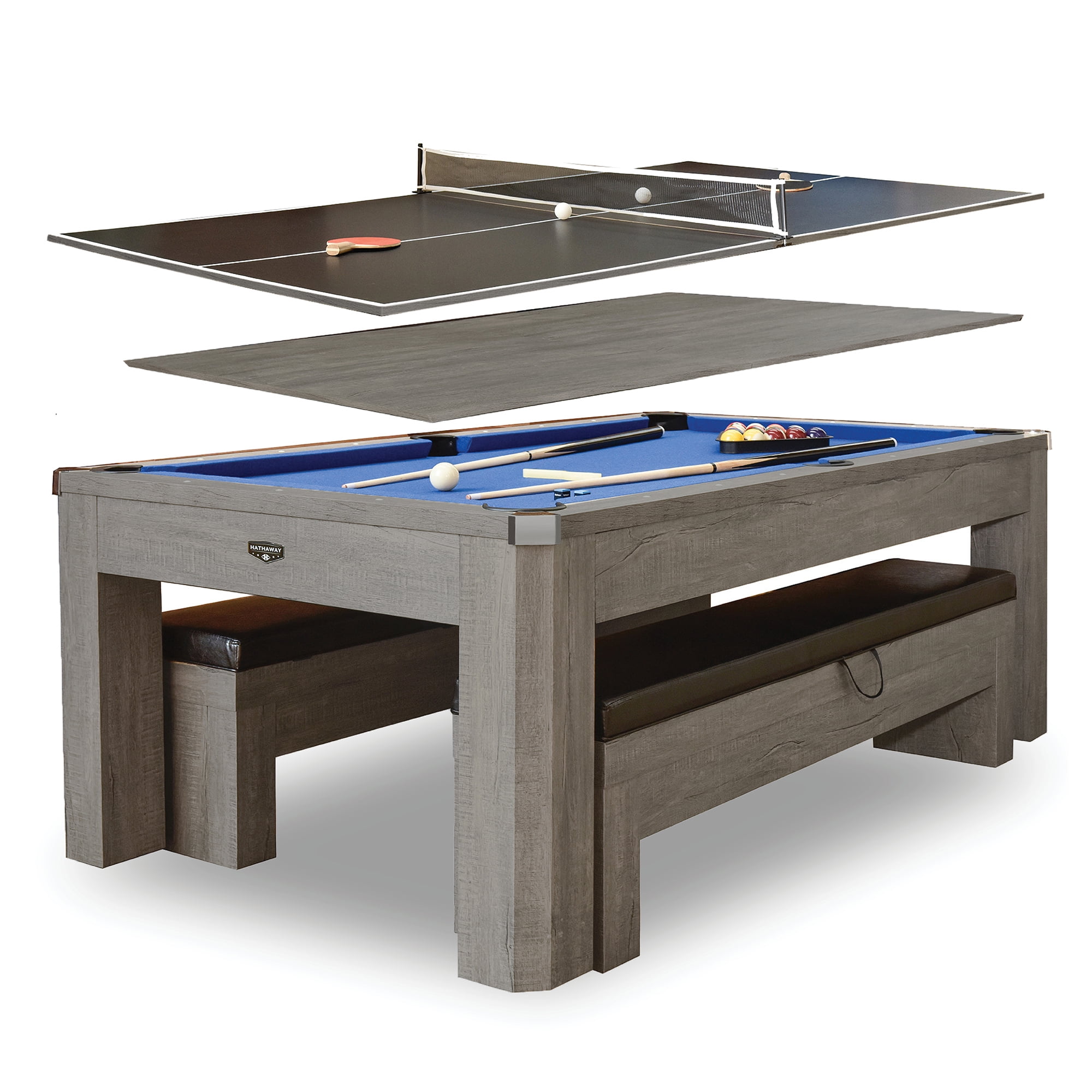 Newport 7-ft Pool Table Combo Set w/ Benches, Whitewashed Brown Wood Table and Bench Set, See Customer Service