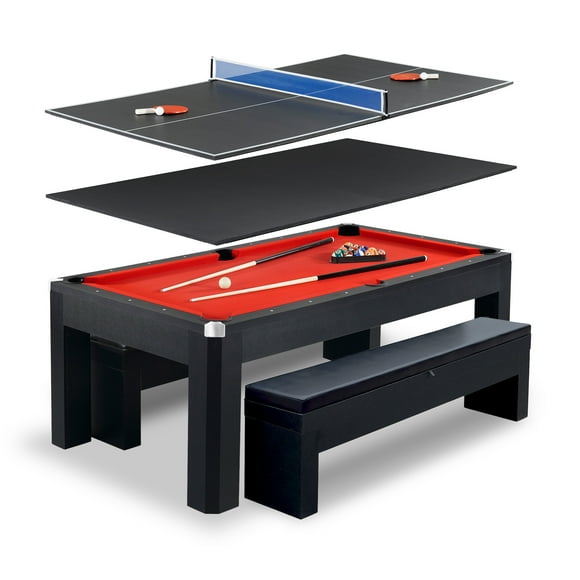 Hathaway Park Avenue 7-Foot Pool Table Tennis Combination with Dining Top, Two Storage Benches, Free Accessories