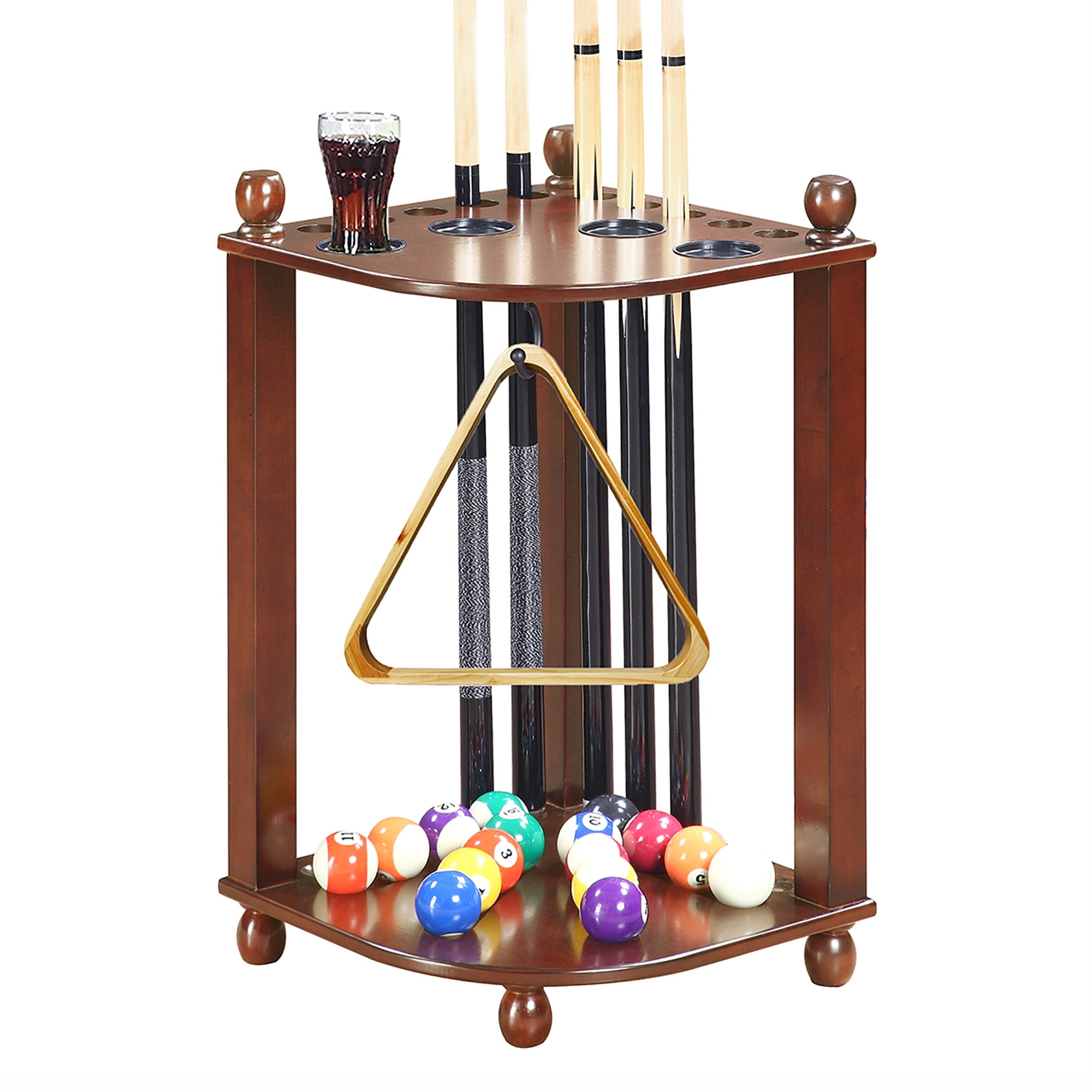 Walnut Corner Floor Cue Rack with Drink Holders