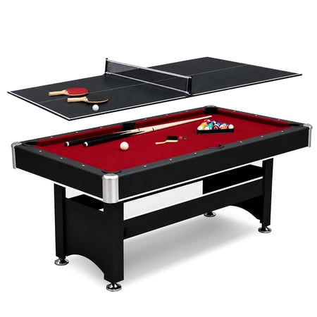 Hathaway Spartan Pool and Ping Pong Combo Table - 2 in 1 Game Table with Removable Table Tennis Top - Complete Accessory Kit - Chrome-Plated Corners, Black Finish, Red Felt