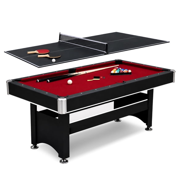 Hathaway Spartan Pool and Ping Pong Combo Table - 2 in 1 Game Table with Removable Table Tennis Top - Complete Accessory Kit - Chrome-Plated Corners, Black Finish, Red Felt