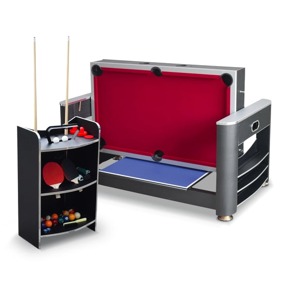 Hathaway Triple Threat Multi Game Table Space-Saving Rotating Playfield for 6ft Pool Table, Air Hockey Table, & Table Tennis - 3 in 1 Game Table with Complete Accessories & Display Rack