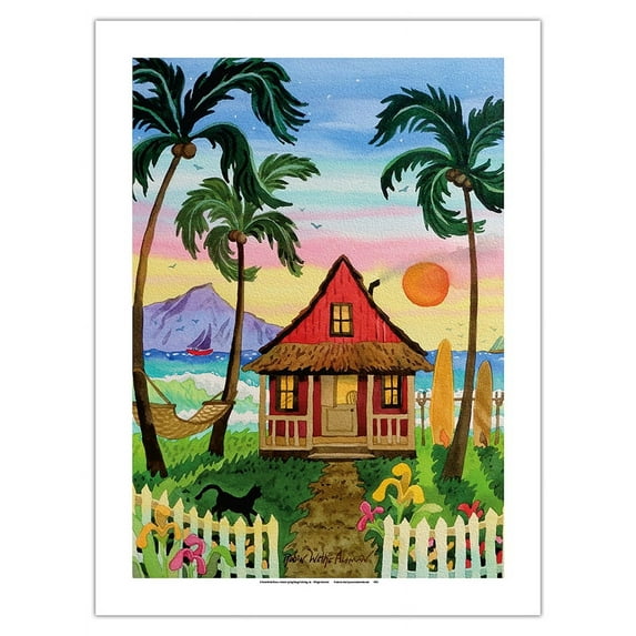 Hati's Red Hut - Tropical Beach Hut - Hawaii - Hawaiian Islands Sunset - From an Original Watercolor Painting by Robin Wethe Altman - Fine Art Matte Paper Print (Unframed) 18x24in