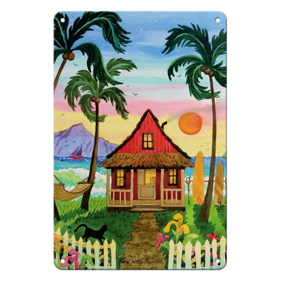Hati's Red Hut - Tropical Beach Hut - Hawaii - Hawaiian Islands Sunset - From an Original Watercolor Painting by Robin Wethe Altman - 8 x 12 inch Vintage Metal Tin Sign