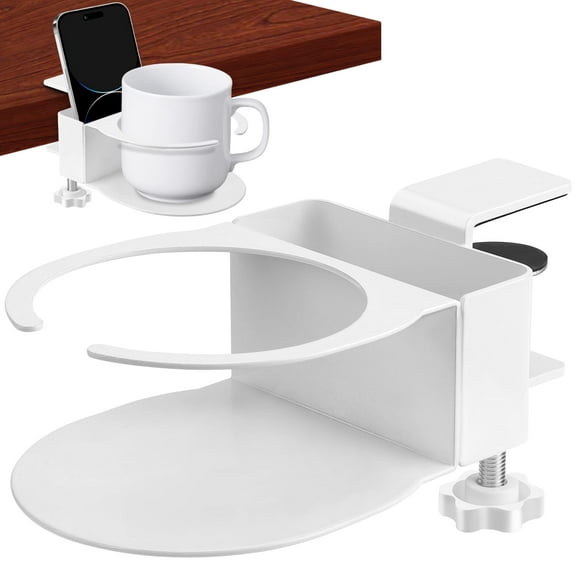 Hatisan Desk Cup Holder, Cup Holder Clamp for Table, Anti-Spill Hold Various Cups or Bottles, White, 1 Pack