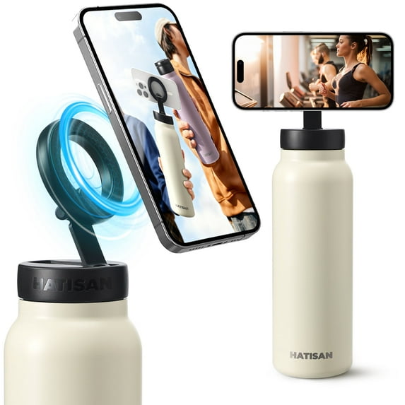 Hatisan 24 oz Insulated Water Bottle, Magnetic Stainless Steel Water Bottle, with Mobile Phone Holder Tripod, Hot for 12H, Cold for 24H(Beige)