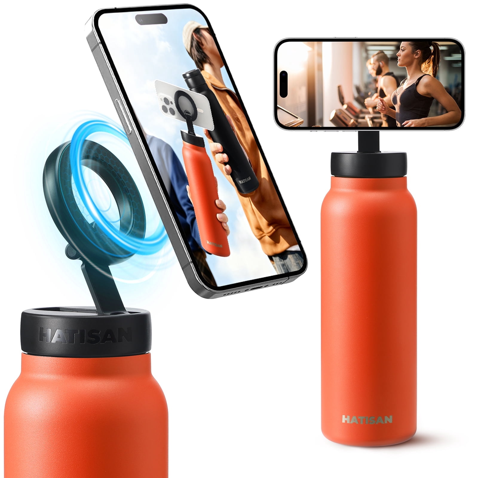 Hatisan 24 oz Insulated Water Bottle, Magnetic Stainless Steel Water Bottle, with Mobile Phone Holder Tripod, Hot for 12H, Cold for 24H(Orange)