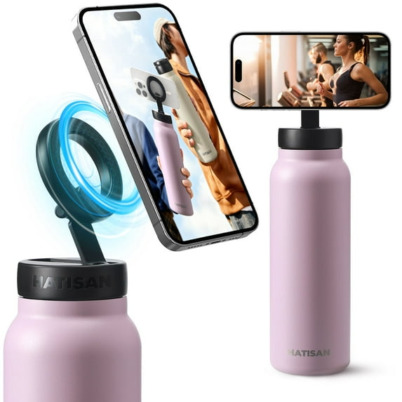 Hatisan 24 oz Insulated Water Bottle, Magnetic Stainless Steel Water Bottle, with Mobile Phone Holder Tripod, Hot for 12H, Cold for 24H(Purple)