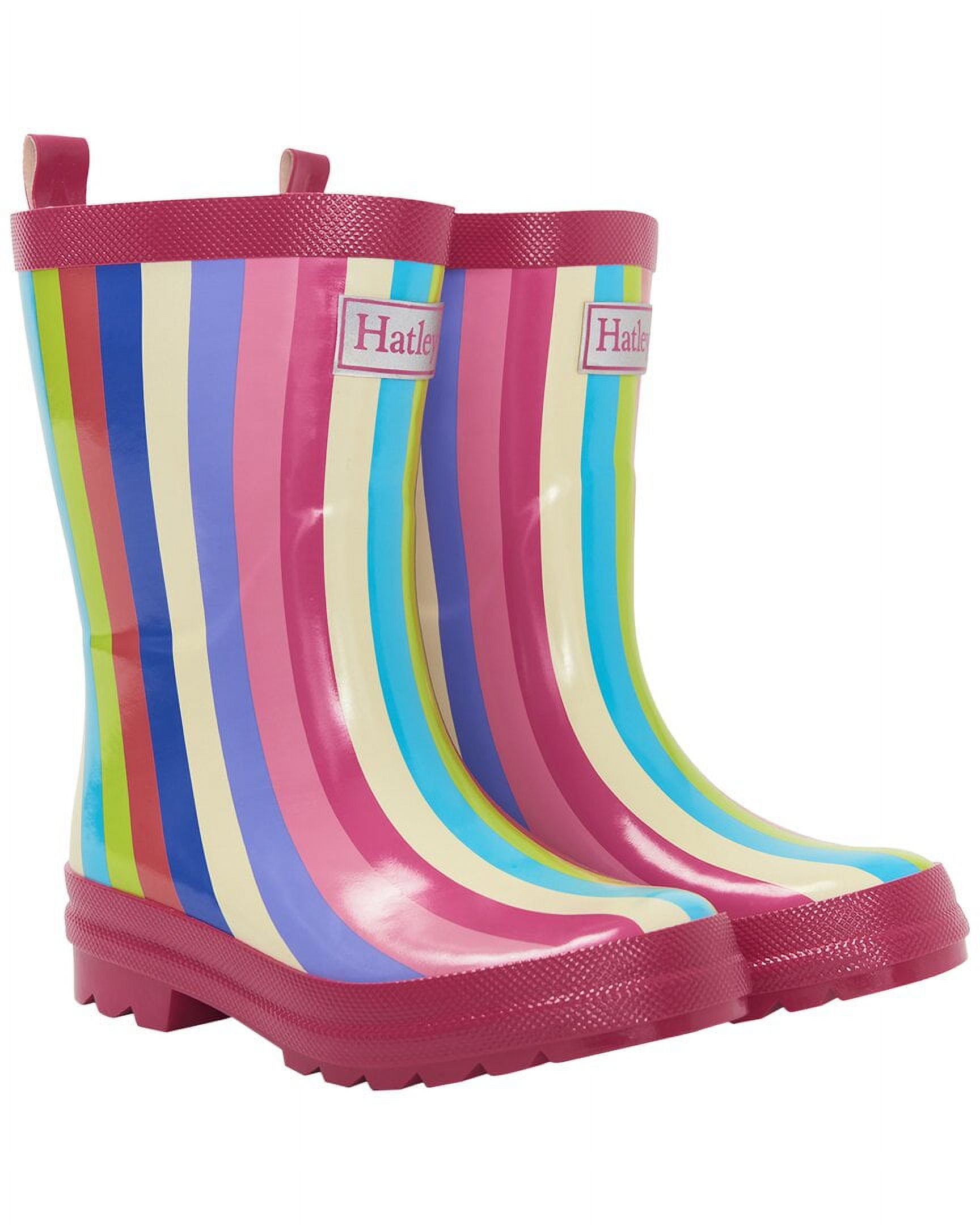 Hatley Rainbow Stripes Shiny Rain Boot, 4, Pink