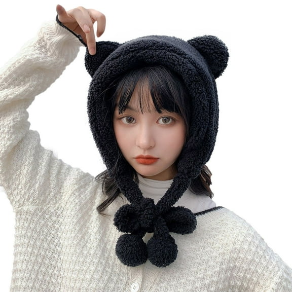 Hats Christmas Women Winter Warm Windproof Ski Riding Fleece Warmer Cute Cartoon Bear Ear Draw String Adjustable Cap For Women Winter Hats For Women