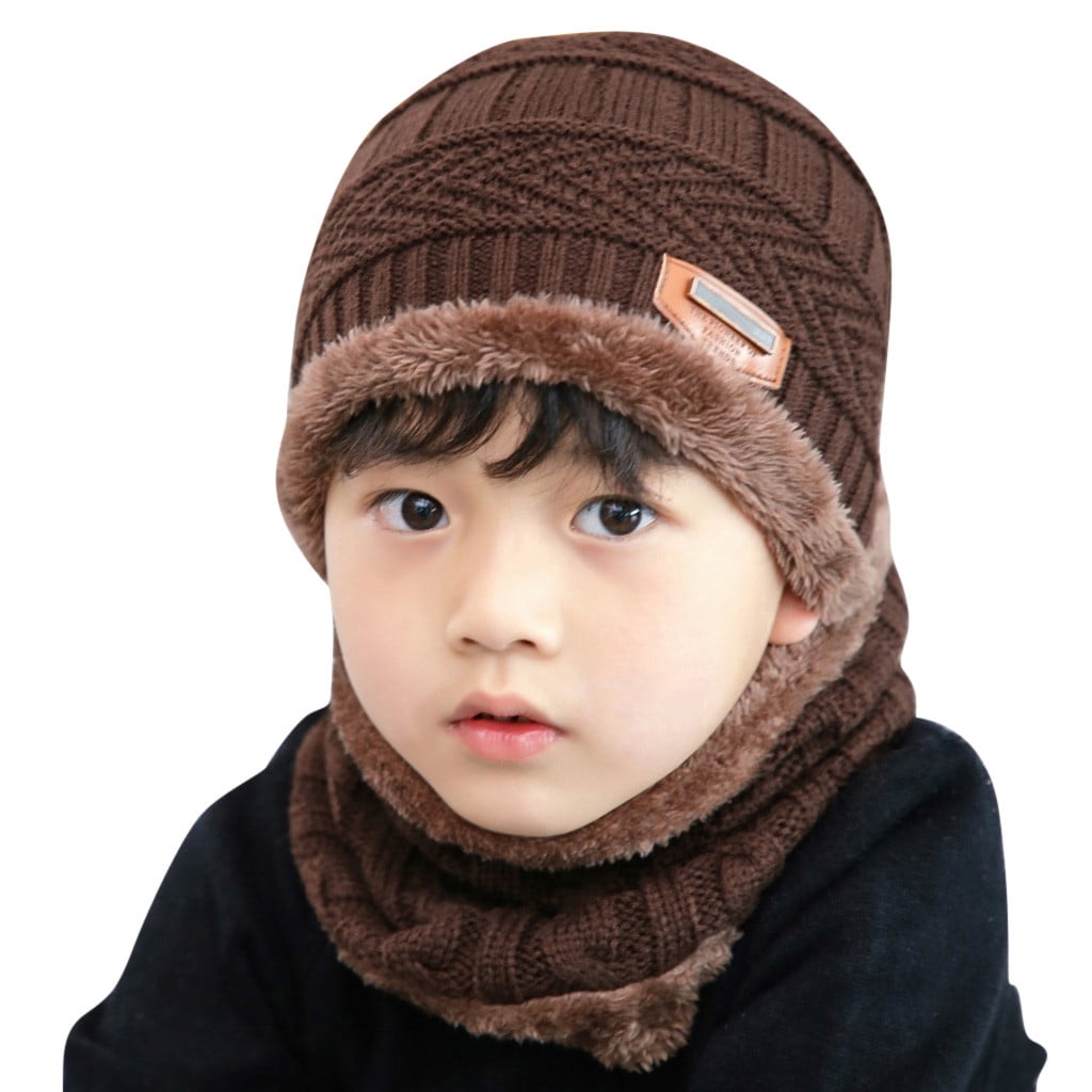 Hats Contrast Set Winter Two Knitted Piece For Kid Warm Colors Hat