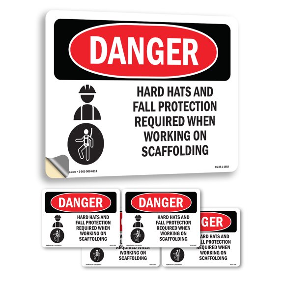 Hats Fall Protection Required Scaffolding OSHA Danger Vinyl Decal Label 5 Inch x 3.5 Inch - 5 Pack