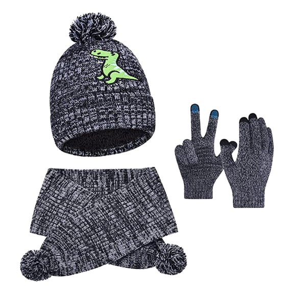 Hats and Gloves for Kids Kids Winter Knitted Hat Scarf and Mittens Set Dinosaur Cartoon Print Thermal Earflap Cap Neck Warmer Soft Warm Cold Weather Gear Toddlers Black 2 Years-8 Years