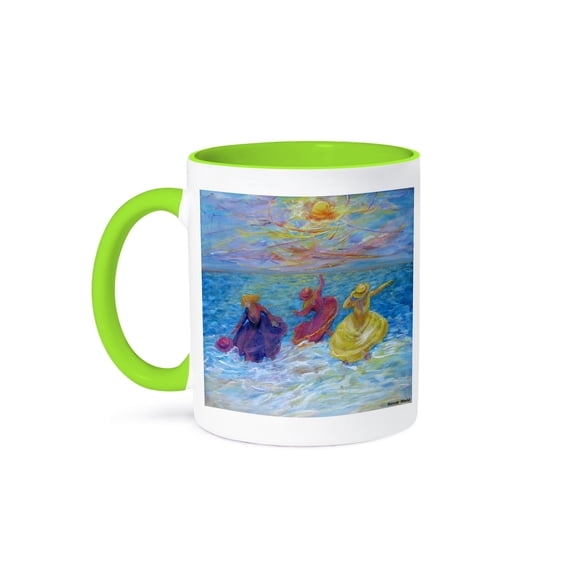 3dRose, Hats Off, Girls play in the surf, 15oz Two-Tone Green Mug