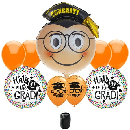 Hats Off to the Smiley Grad Cap Bouquet School Colors 9pc Balloons Bouquet, Orange