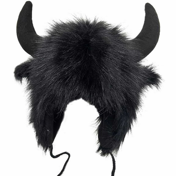 Hats Winter Buffalo Hat With Horns Furry Earmuff Buffalo Face Fluffy Ear Headwear Earflap Hat