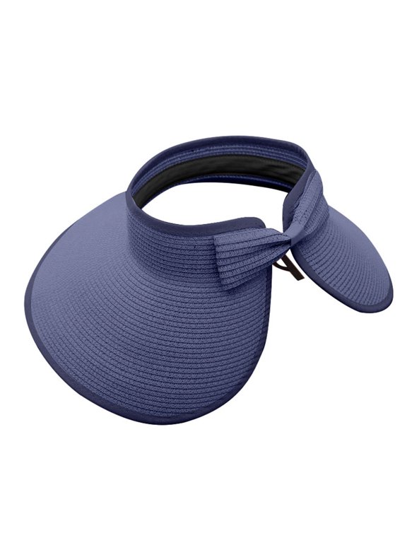 Women's Wide Brim Straw Visor Roll-Up Open Top Sun Hat Ponytail Hats for Foldable Beach Cap with Bow for Outdoor Activities Navy One Size