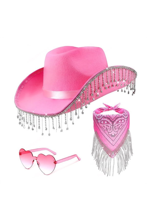 Hats Women's Elegant And Light Tassel Cowboy Heart Sunglasses Tassel Scarf Decoration Three Piece Set Hat