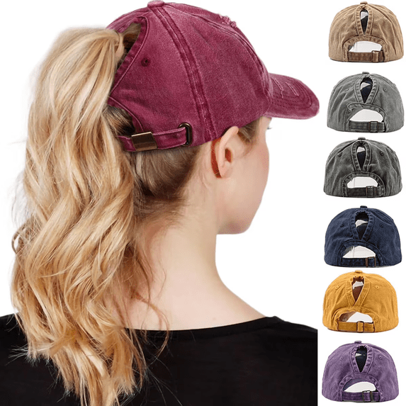 Hats Womens Washed Distressed Baseball Cap Adjustable High Ponycaps Cotton Dad Hat with Ponytail Hole for Travel, Outdoor Sports