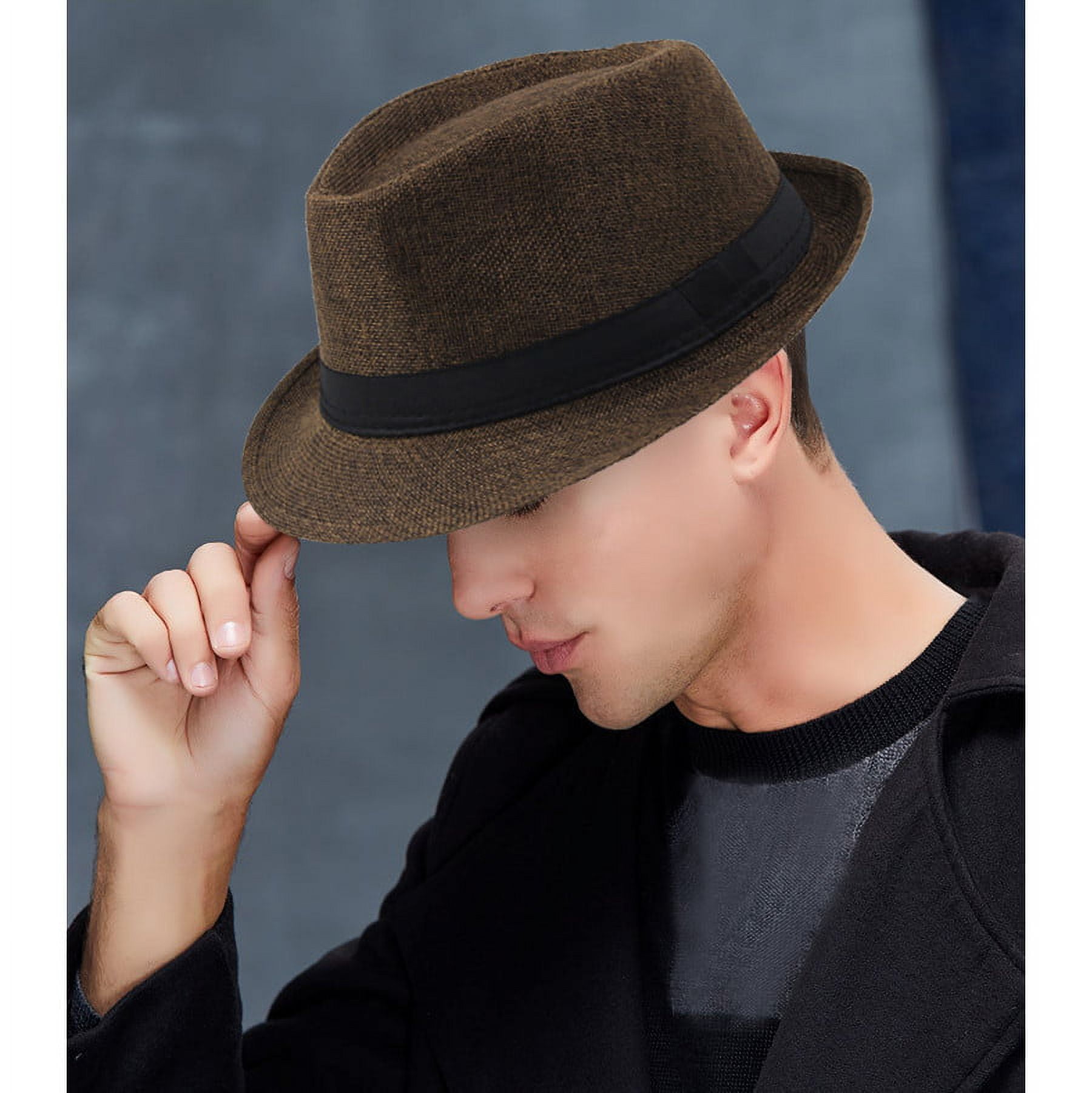 ❀Jazz Hat Mens Breathable Linen Top Hat Outdoor Sun Hat Curly Brim Straw  Hat