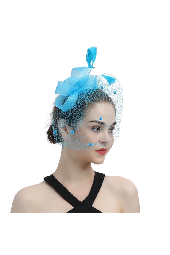 Hats for Women, Fascinators and Bow Top Hat for Tea Party, Wedding, Church and Formal Events, Elegant Ladies Dress Hat with Veil-Light Blue