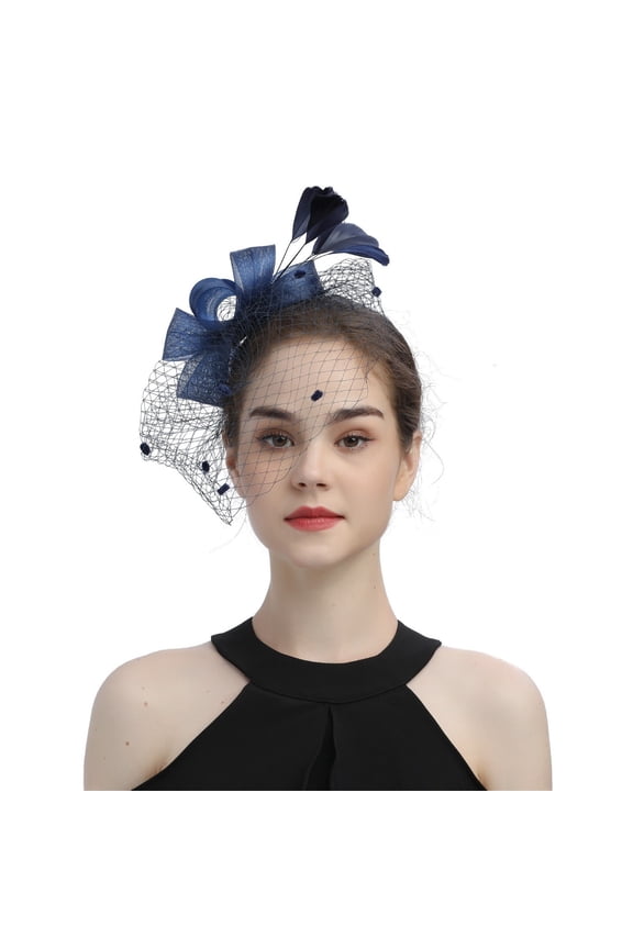 Hats for Women, Fascinators and Bow Top Hat for Tea Party, Wedding, Church and Formal Events, Elegant Ladies Dress Hat with Veil-Navy