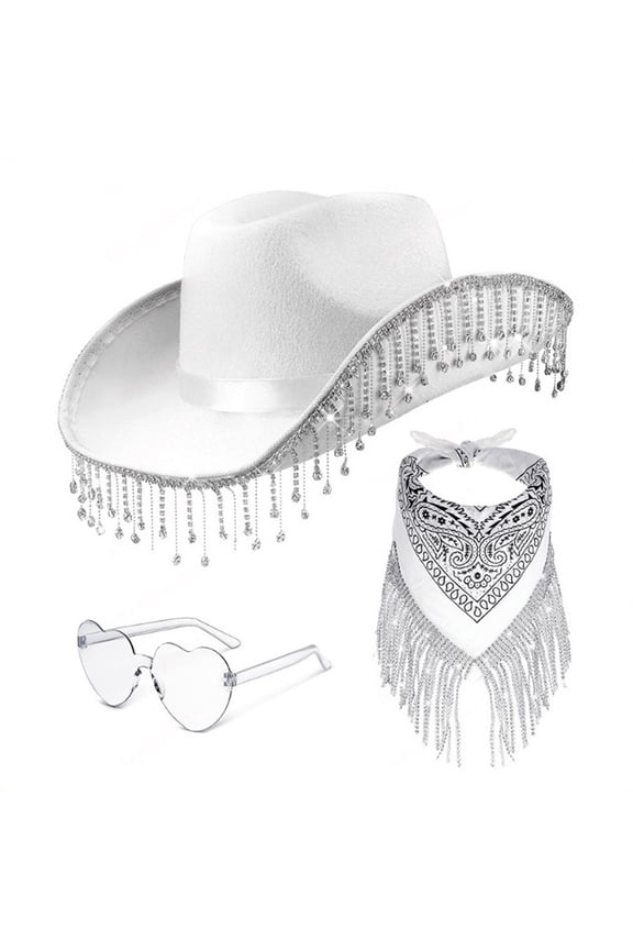 Hats for Women Hat Elegant Light Tassel Cowboy Hat Heart Sunglasses Tassel Scarf Decoration Three Piece Set Hats