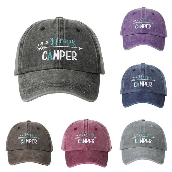 Hats for Women Men I Am A Happy Camper Embroidery Washed Cotton Camping Baseball Cap Wine One Size