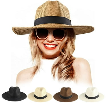 Womens Mens Wide Brim Straw Panama Hat Fedora Summer Beach Sun Hat UPF ...