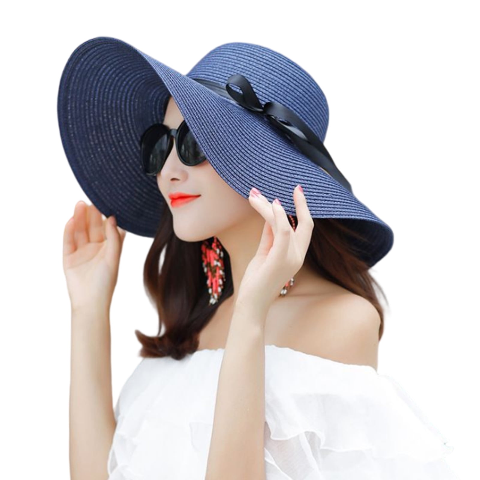 Hats for Women - Summer UPF50+ Sun Hat for Women, Big Bowknot Braid Fabric Hat  Floppy Foldable Roll up UV Protection Beach Cap 