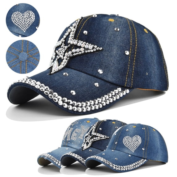 Hats for Women Unisex Denim Rhinestone Washed Solid Baseball Cap Retro Dark Blue One Size